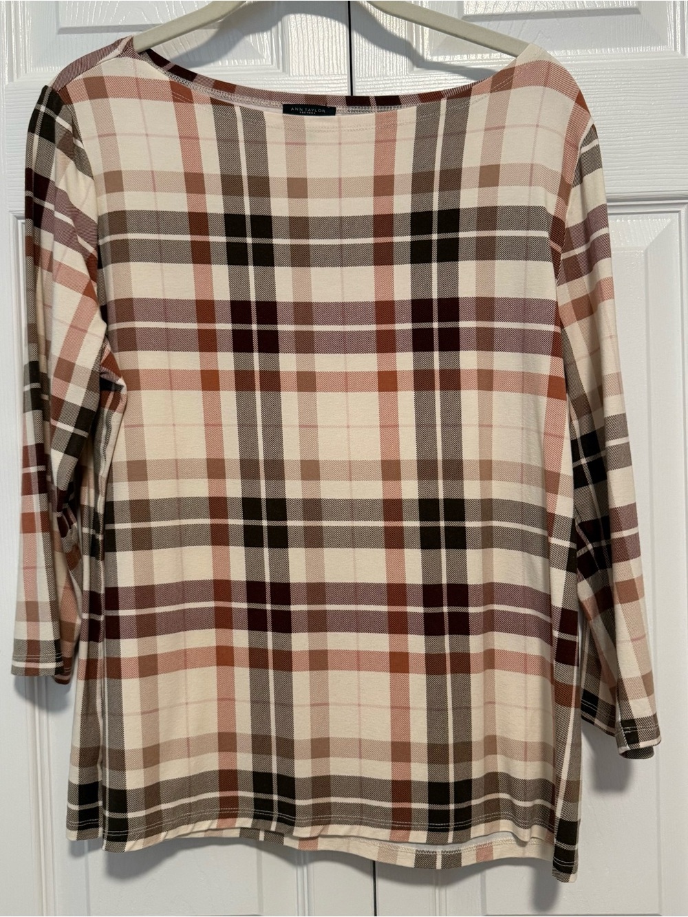 Ann Taylor Plaid 3/4 Sleeve Top in Cream, Brown and Rust